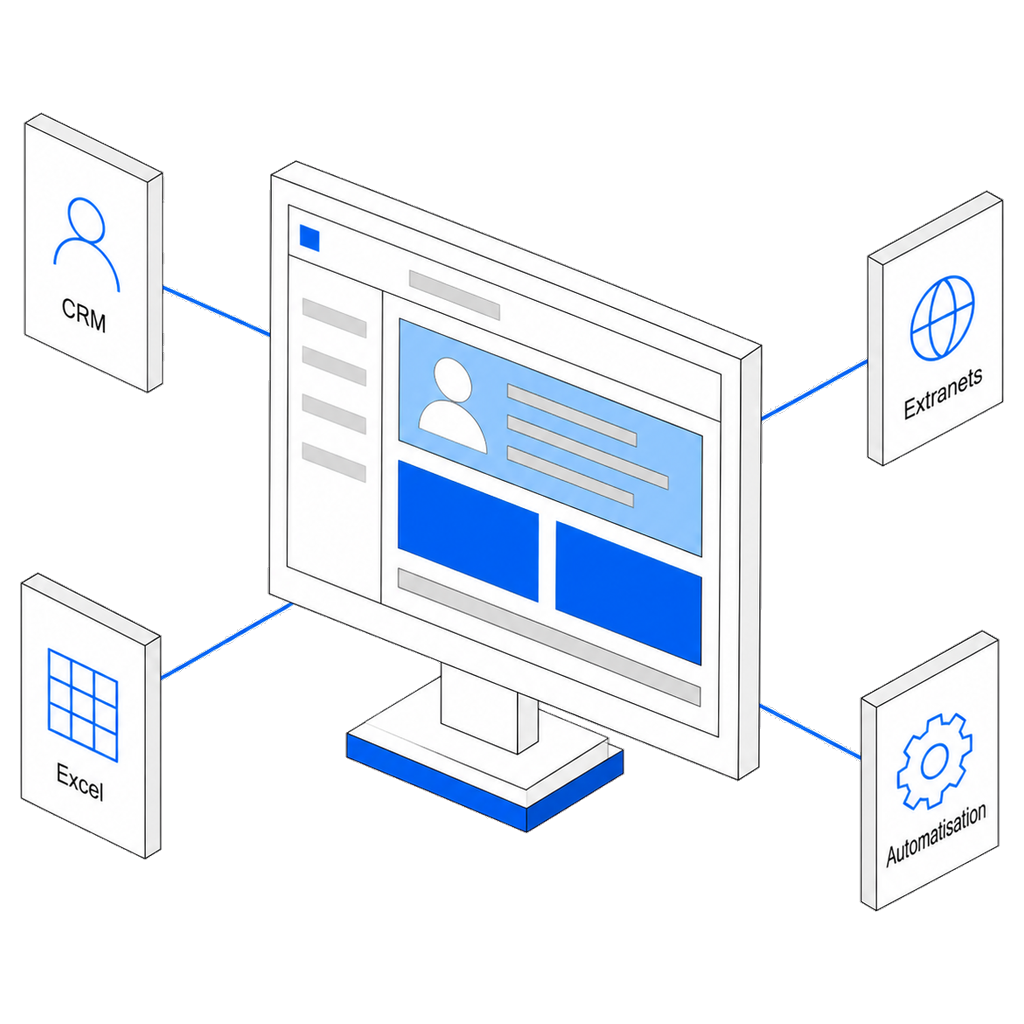 Illustration : le logiciel en service, connecté au CRM, à Excel et aux extranets