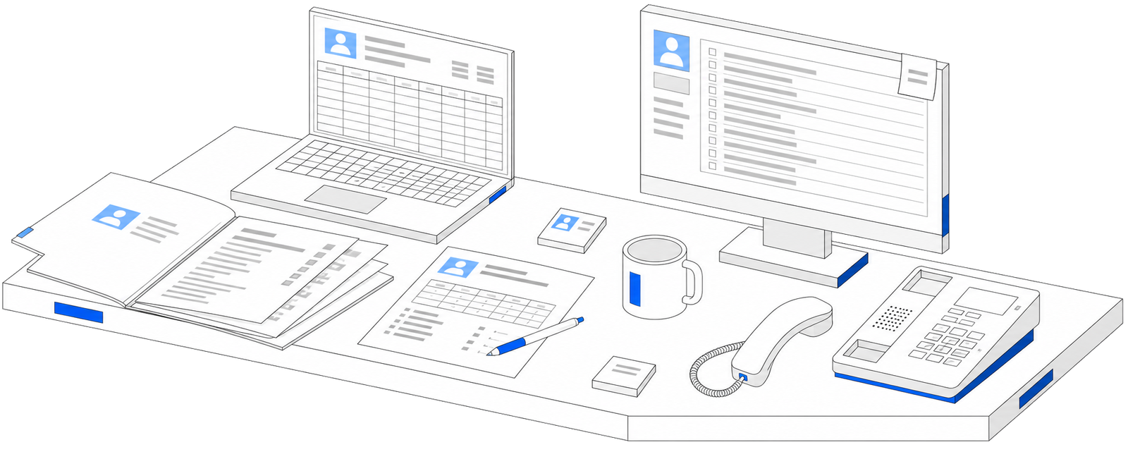 Illustration : un bureau où les informations du client sont éparpillées